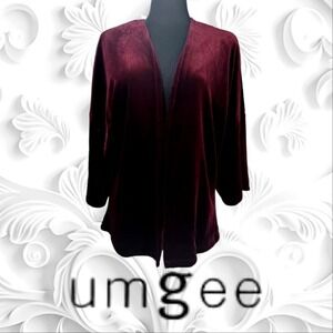 Umgee USA Oversized Open Front 3/4 Sleeve Soft Velvet Cardigan Burgundy S